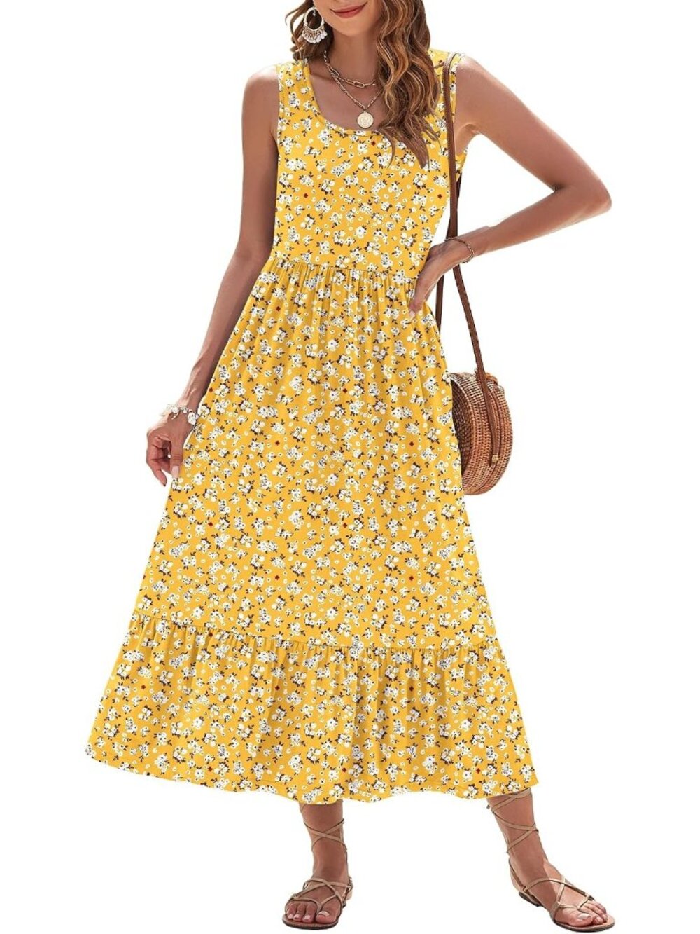 〽️Yellow Floral Tiered Maxi Dress for Women Square Neck Sleeveless Pockets